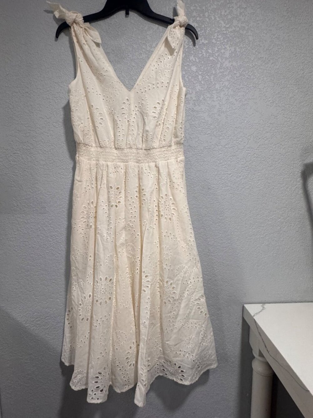 Anne Klein Womens Eyelet Tie Shoulder Midi Dress Pearl White Size 6 Cotton Blend - Picture 5 of 7